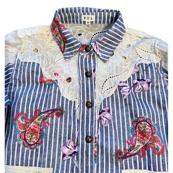 POL Women's Striped Paisley Floral Lace Button Up Shirt Size Medium Boho - Picture 2 of 10